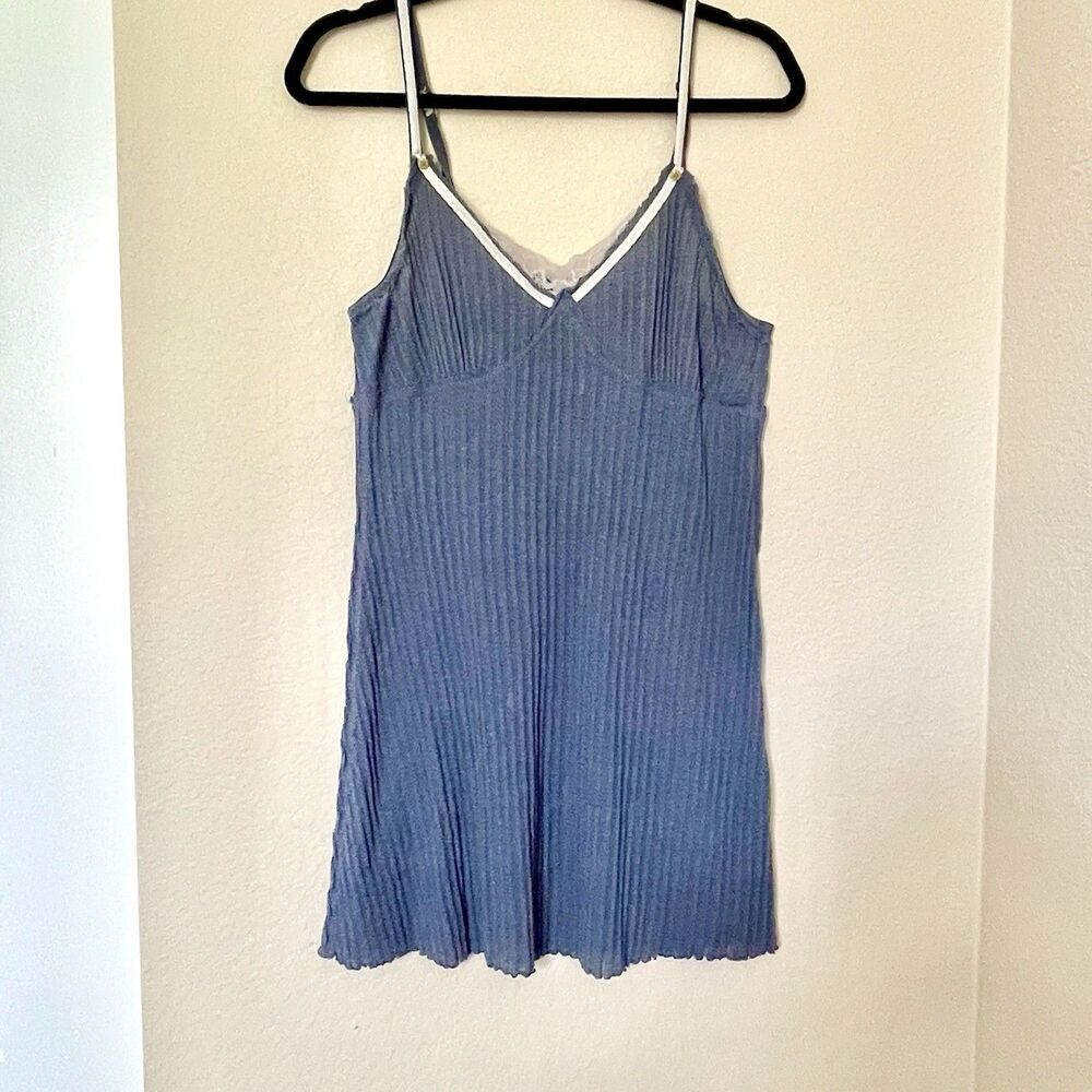 Women's Y2K Ribbed Jersey Babydoll Coquette Blue Dress with Lace‎ Detail (flaw)